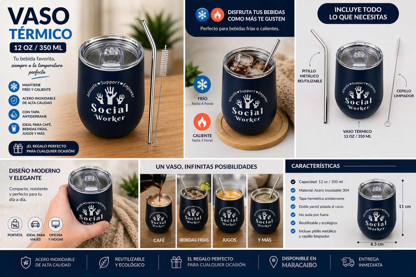 Vaso térmico 12oz con pitillo metálico y cepillo | Acero inoxidable