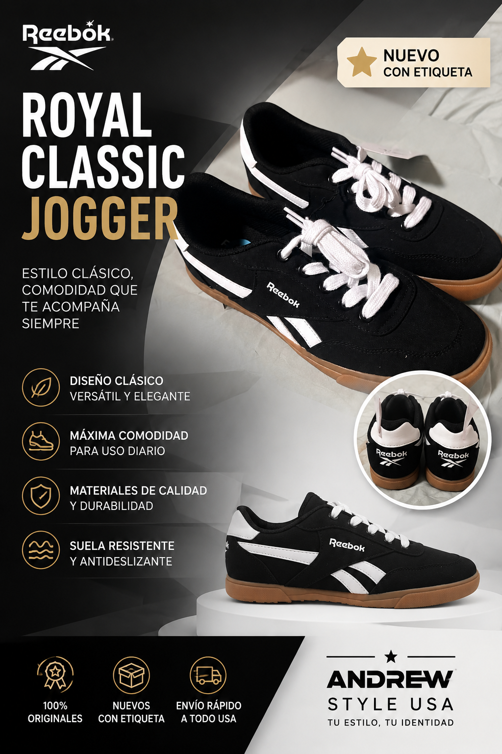 Reebok Court Advance Negro Gum Hombre | Estilo Urbano Premium Talla 6