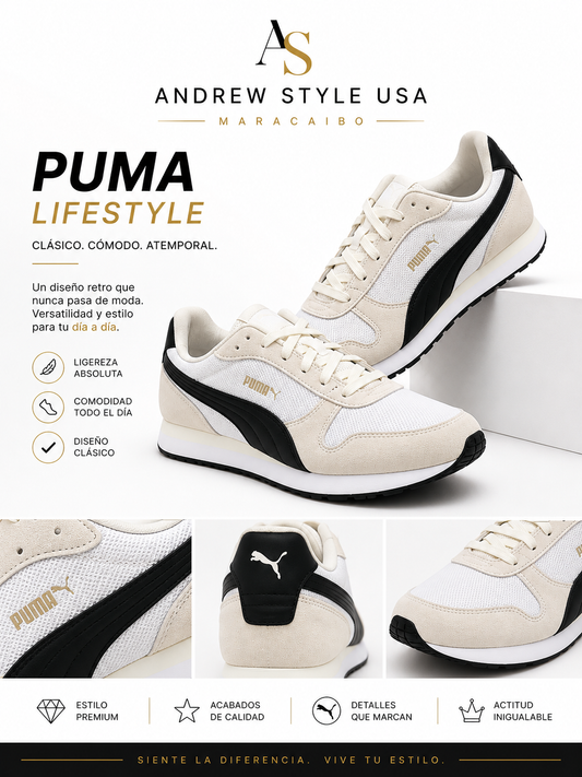 Puma Retro Runner Lifestyle Hombre Blanco/Crema Negro Talla 8.5