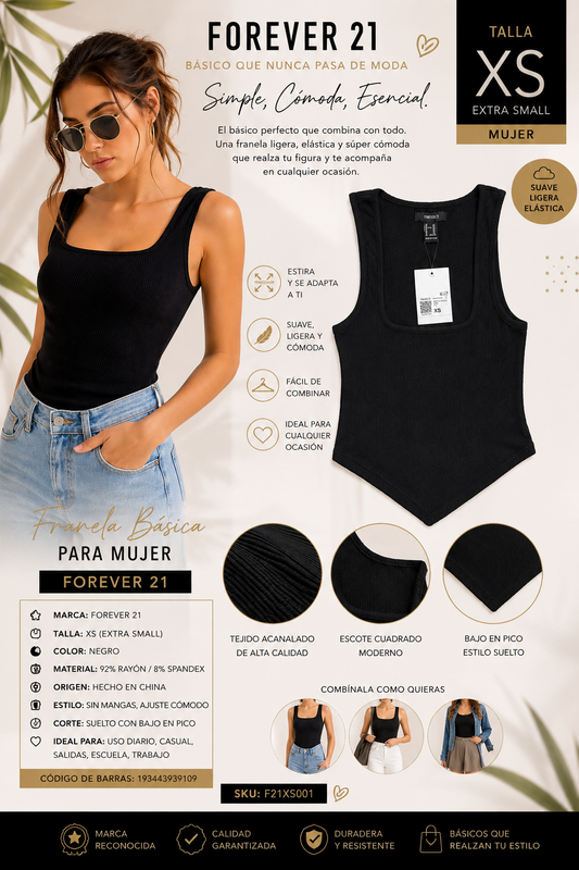 Franela Forever 21 Negra XS Original – Tela Acanalada Stretch