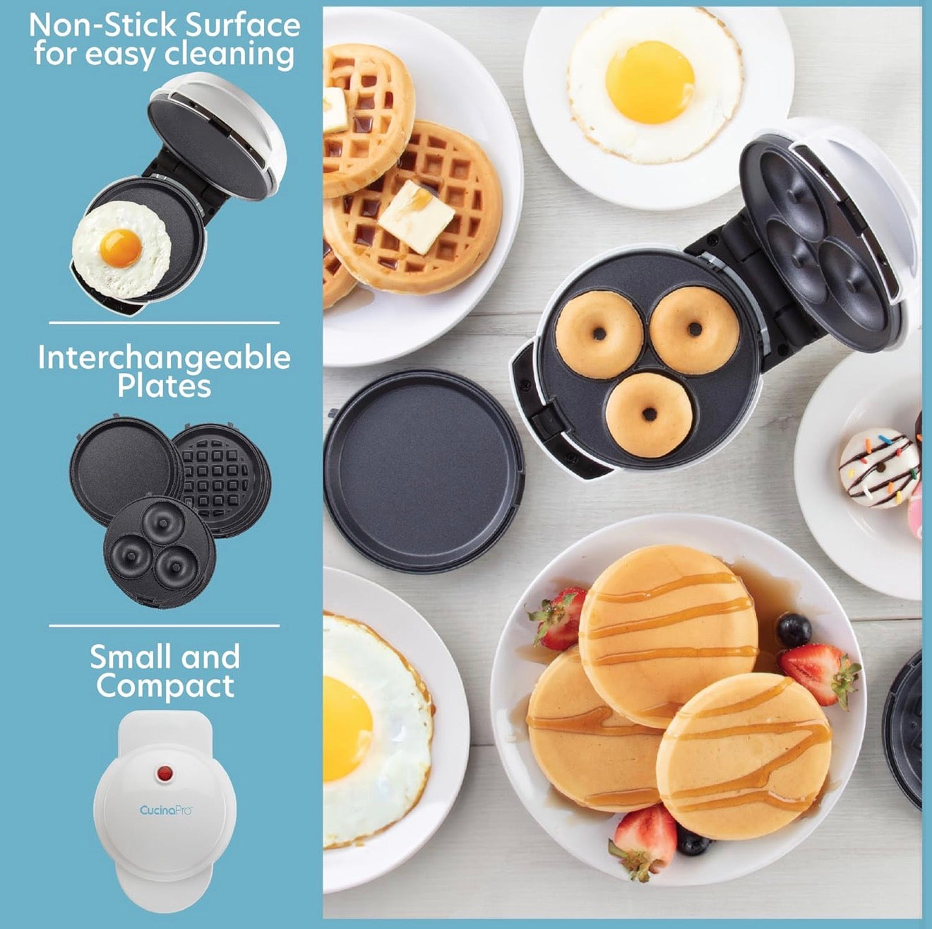 Mini Máquina de Desayuno 3 en 1 CucinaPro – Waffles, Donas y Plancha en Casa