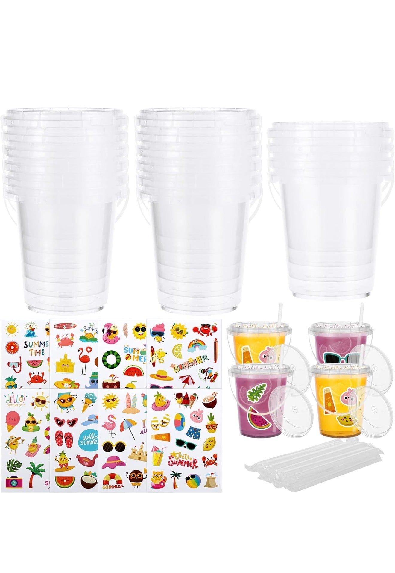 Kit de Vasos para Fiesta 15 Piezas 1L con Tapa, Pitillo y Stickers – Ideal para Cumpleaños, Piscina y Eventos