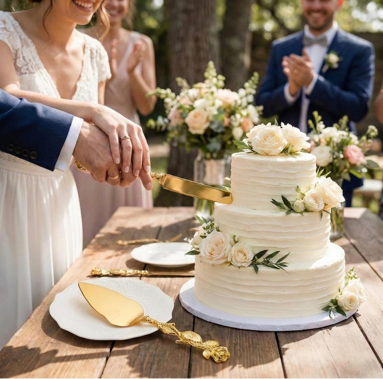 Set Corte de Torta de Boda Dorado – Elegancia Premium para Momentos Especiales ✨