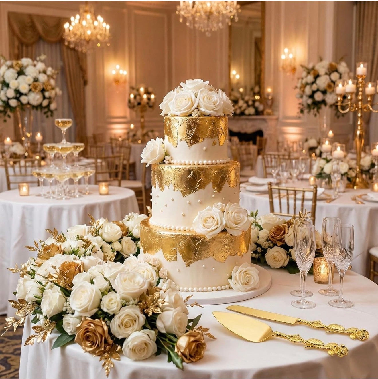 Set Corte de Torta de Boda Dorado – Elegancia Premium para Momentos Especiales ✨