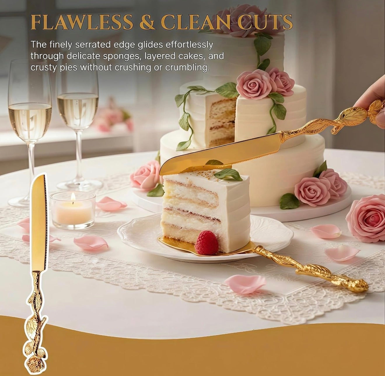 Set Corte de Torta de Boda Dorado – Elegancia Premium para Momentos Especiales ✨