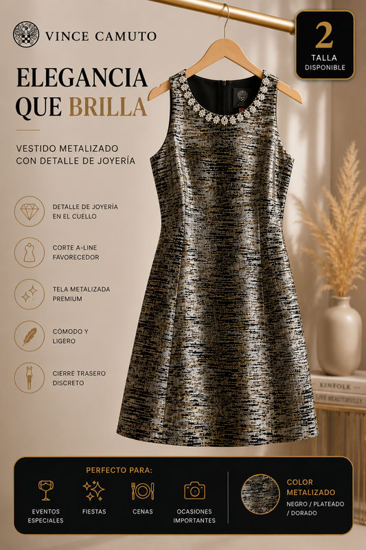 Vince Camuto Vestido Metalizado Elegante Negro Dorado Talla 2 Premium