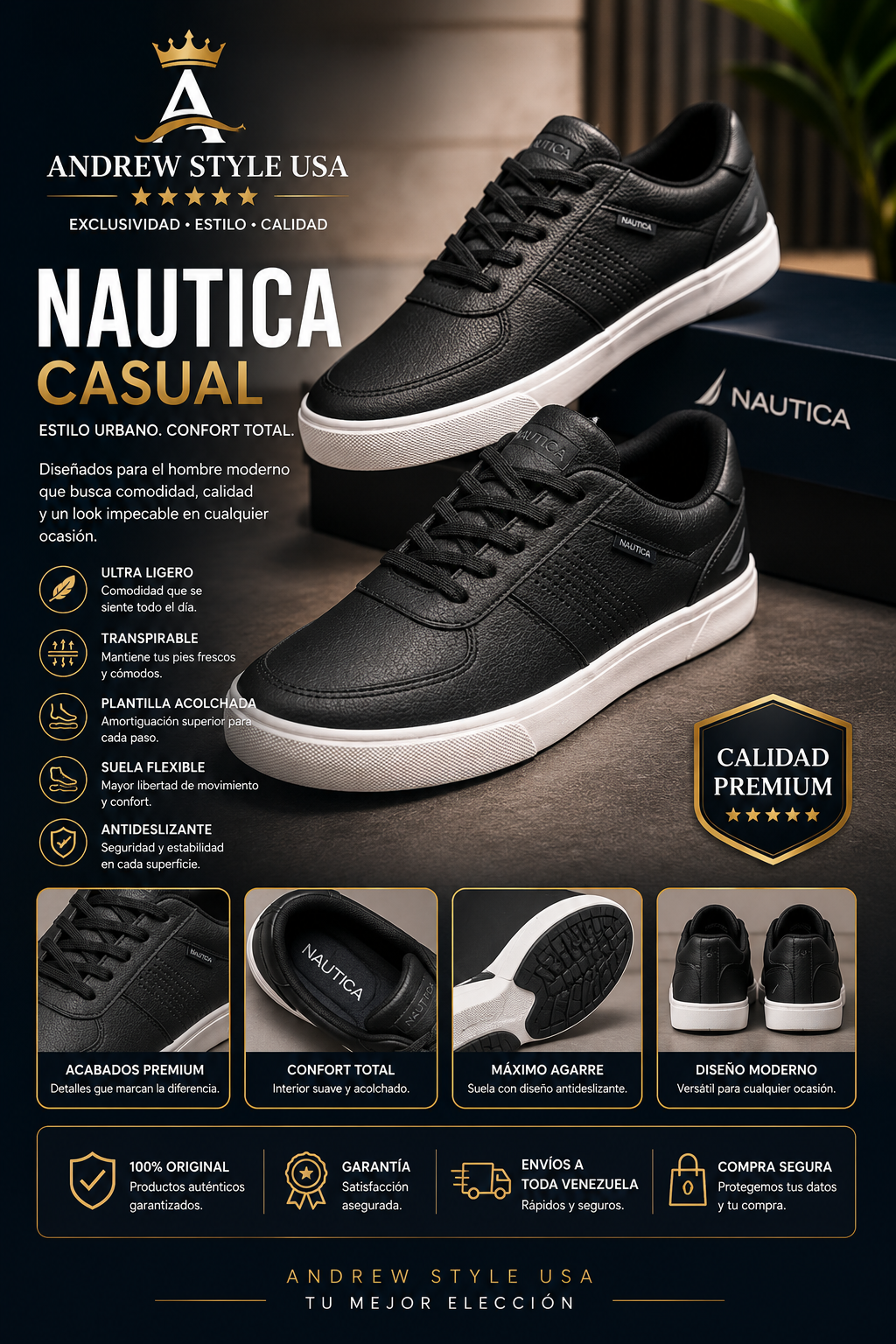 Nautica Casual Black Leather Sneaker Hombre – Elegancia y Comodidad Premium Talla 8.5