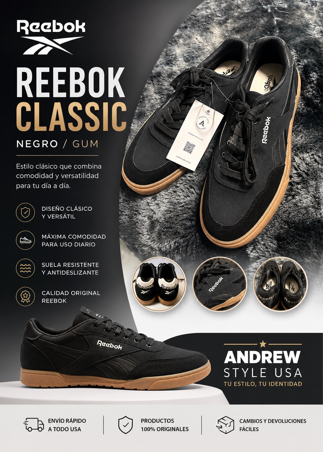 Reebok Lifestyle Black Gum Sole Casual Sneakers – Hombre Talla 9
