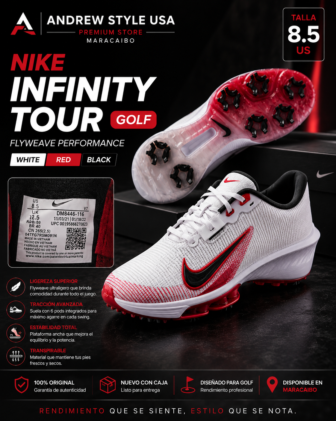 Nike Infinity Tour Golf Flyweave Hombre Blanco/Rojo Talla 8.5 US