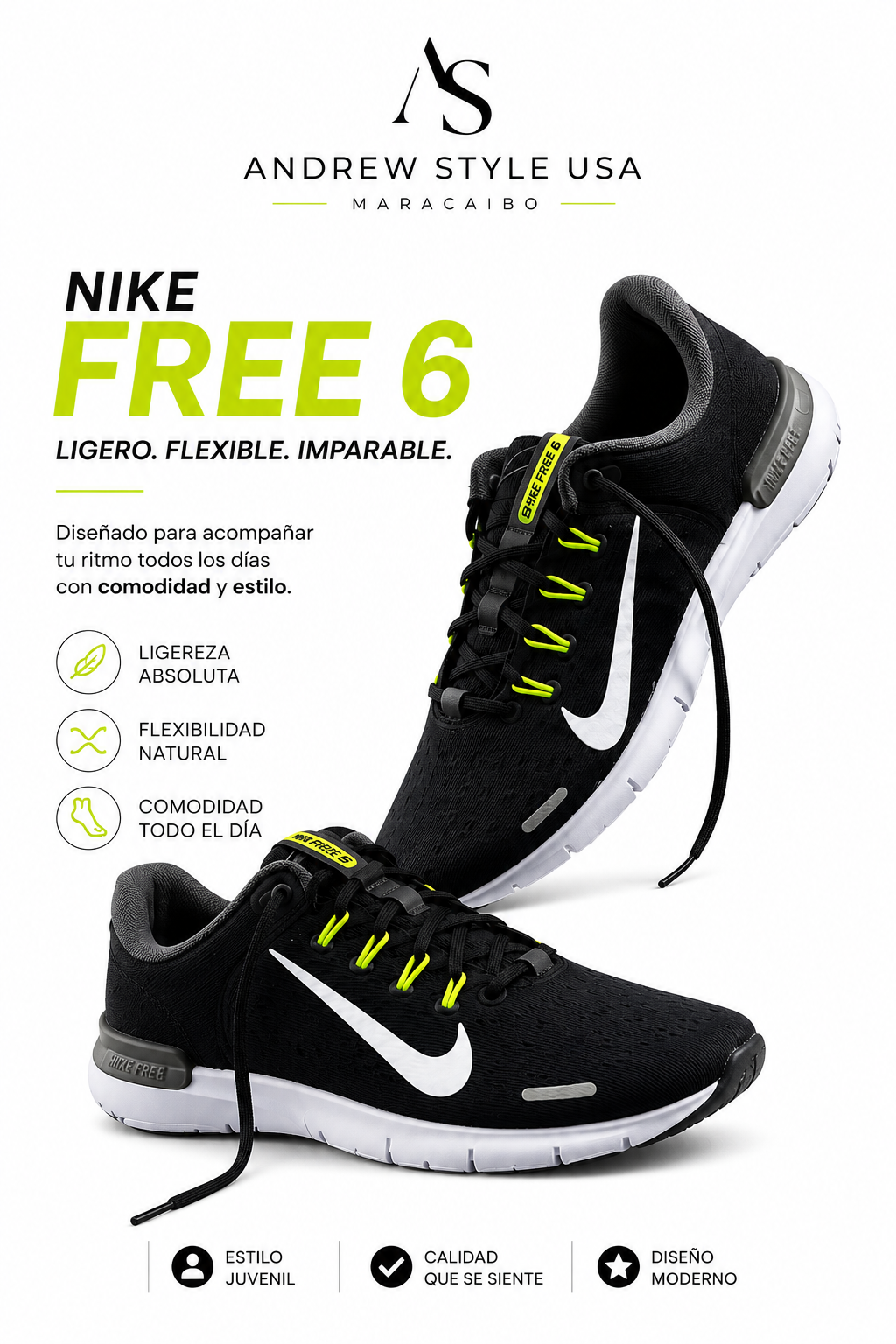 Nike Free 6 Juvenil Negro/Blanco Running Lifestyle Talla 4.5
