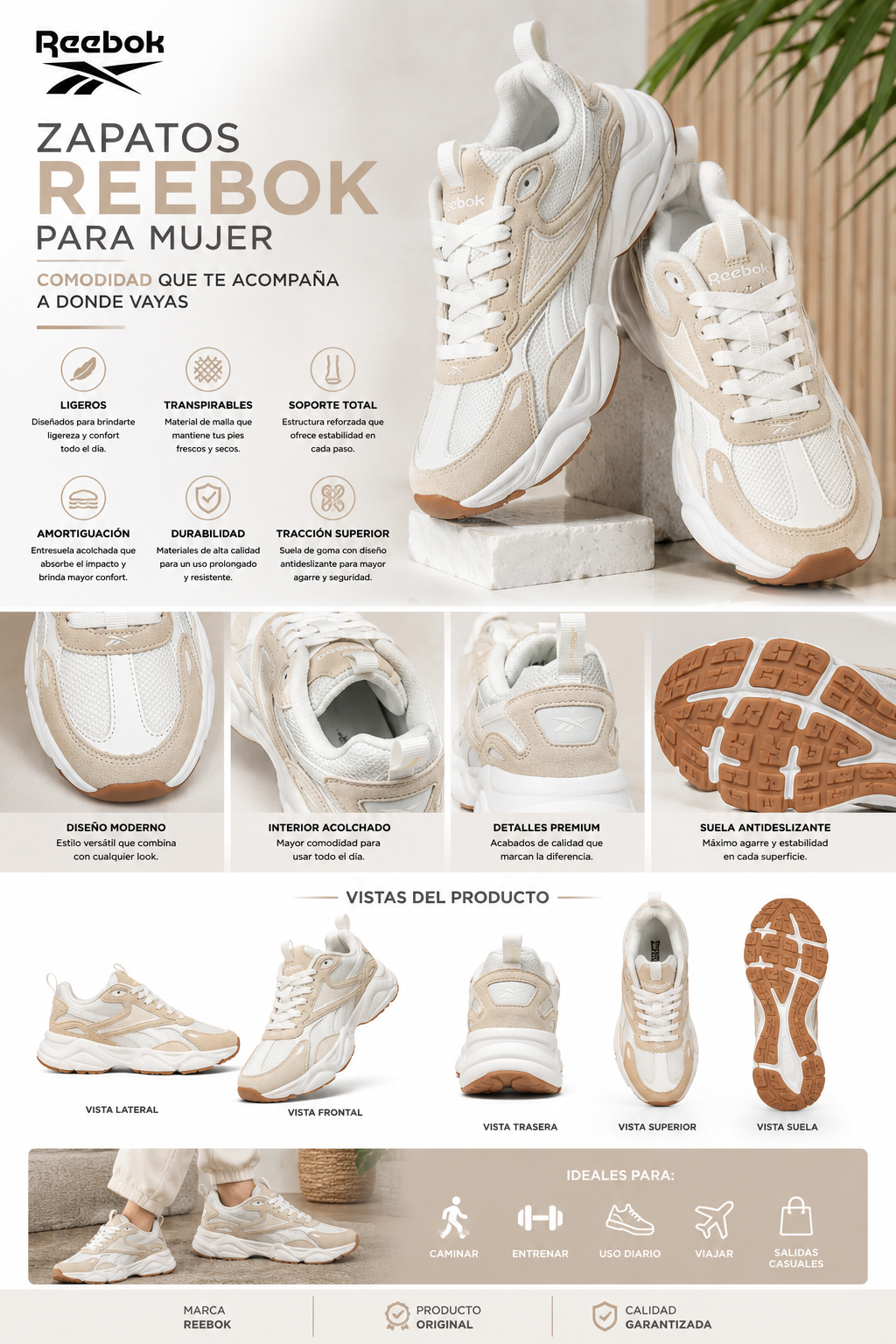 Reebok Women’s Chunky Lifestyle Sneakers | Blanco/Beige | Casual y Confort