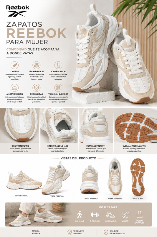 Reebok Women’s Chunky Lifestyle Sneakers | Blanco/Beige | Casual y Confort
