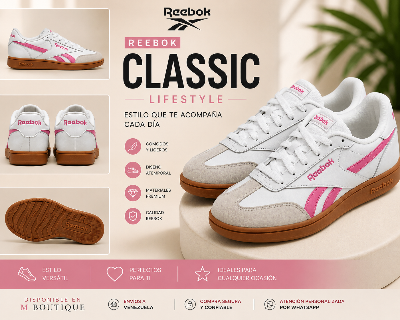 Zapatos Reebok Classic Lifestyle para Mujer – Blanco/Rosa con Suela Tipo Gum | Originales