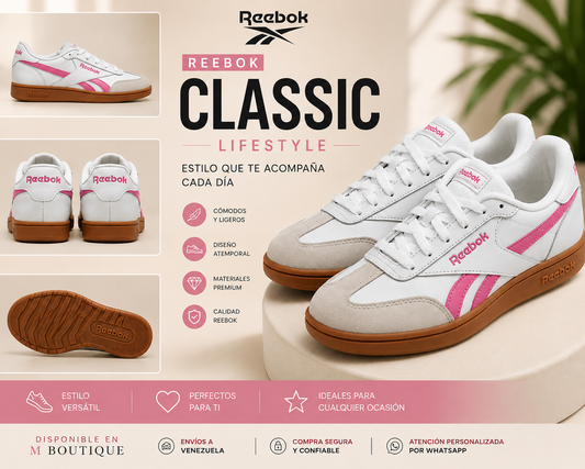 Zapatos Reebok Classic Lifestyle para Mujer – Blanco/Rosa con Suela Tipo Gum | Originales