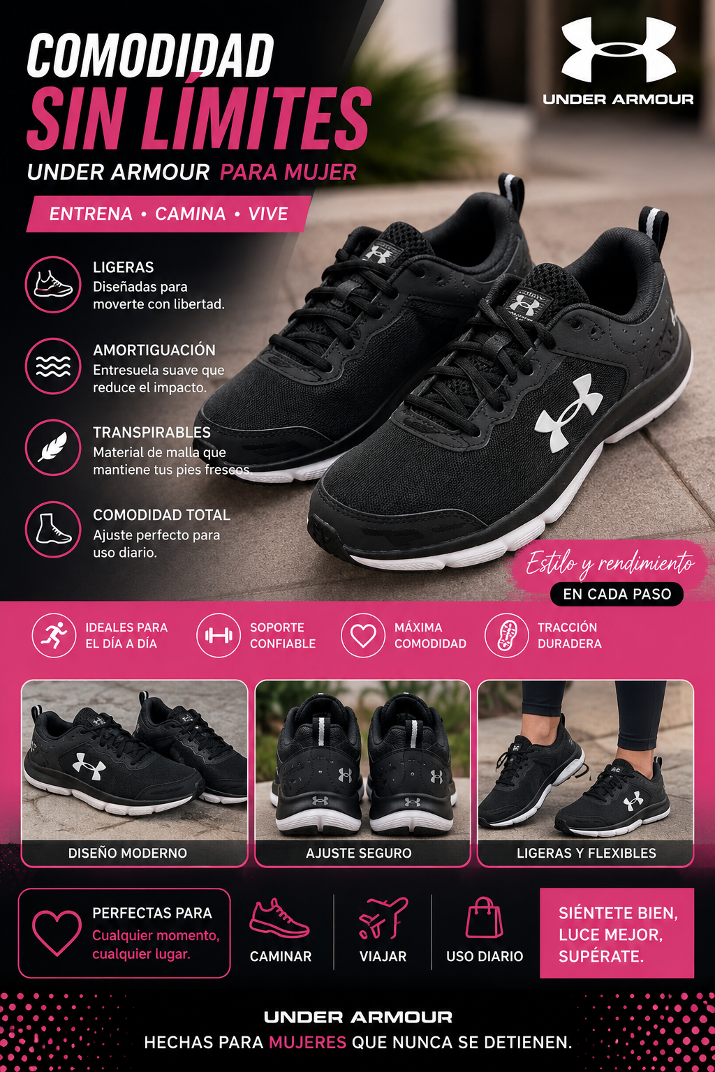 Under Armour Charged Pursuit para Mujer | Zapatos Deportivos Running Negro/Blanco Originales