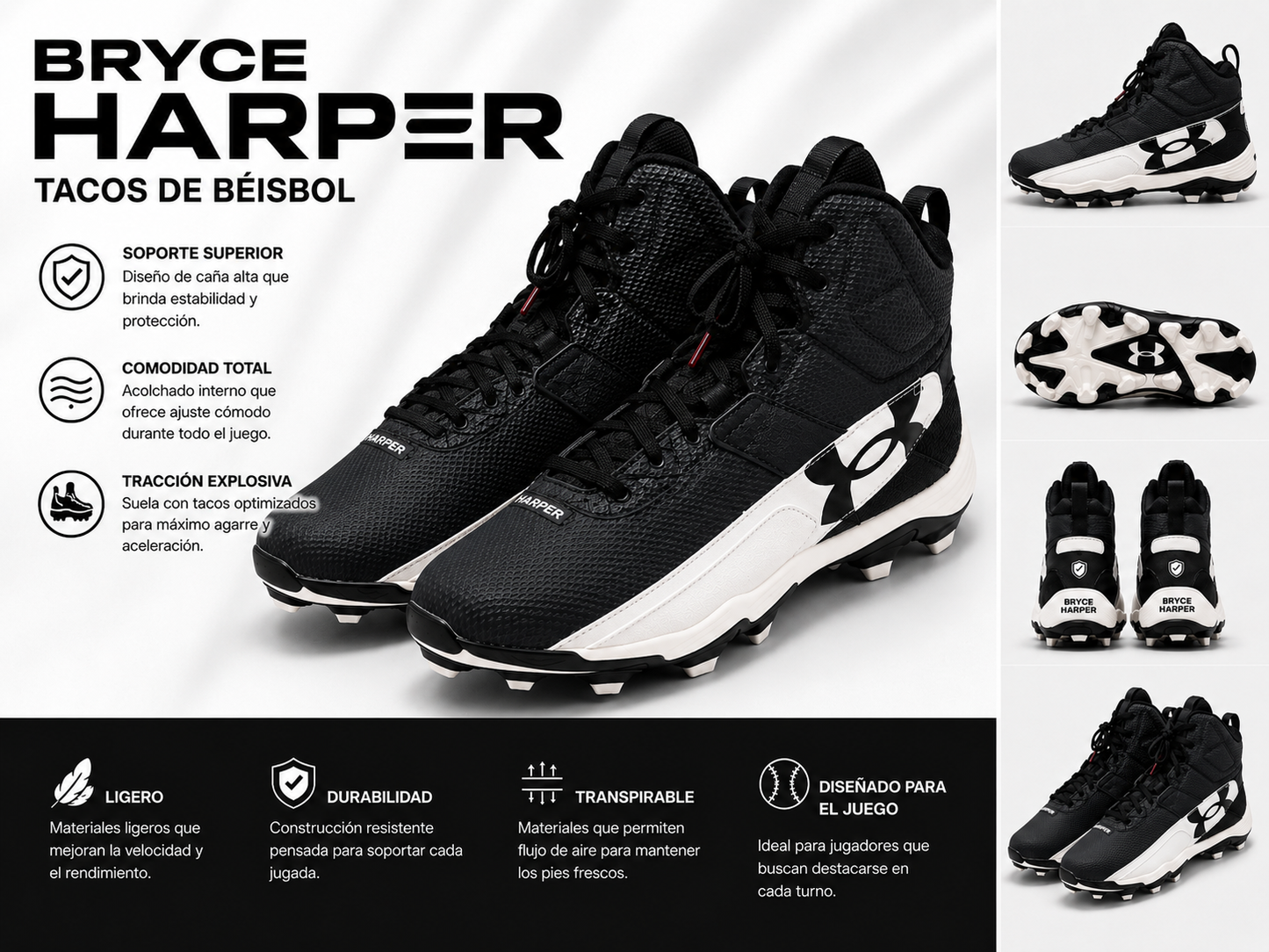 Tacos de Béisbol Under Armour para Hombre Blanco y Negro  Bryce Harper | Cleats de Alto Rendimiento y Máxima Tracción