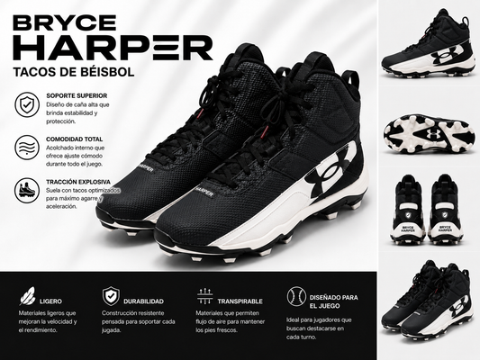 Tacos de Béisbol Under Armour para Hombre Blanco y Negro  Bryce Harper | Cleats de Alto Rendimiento y Máxima Tracción