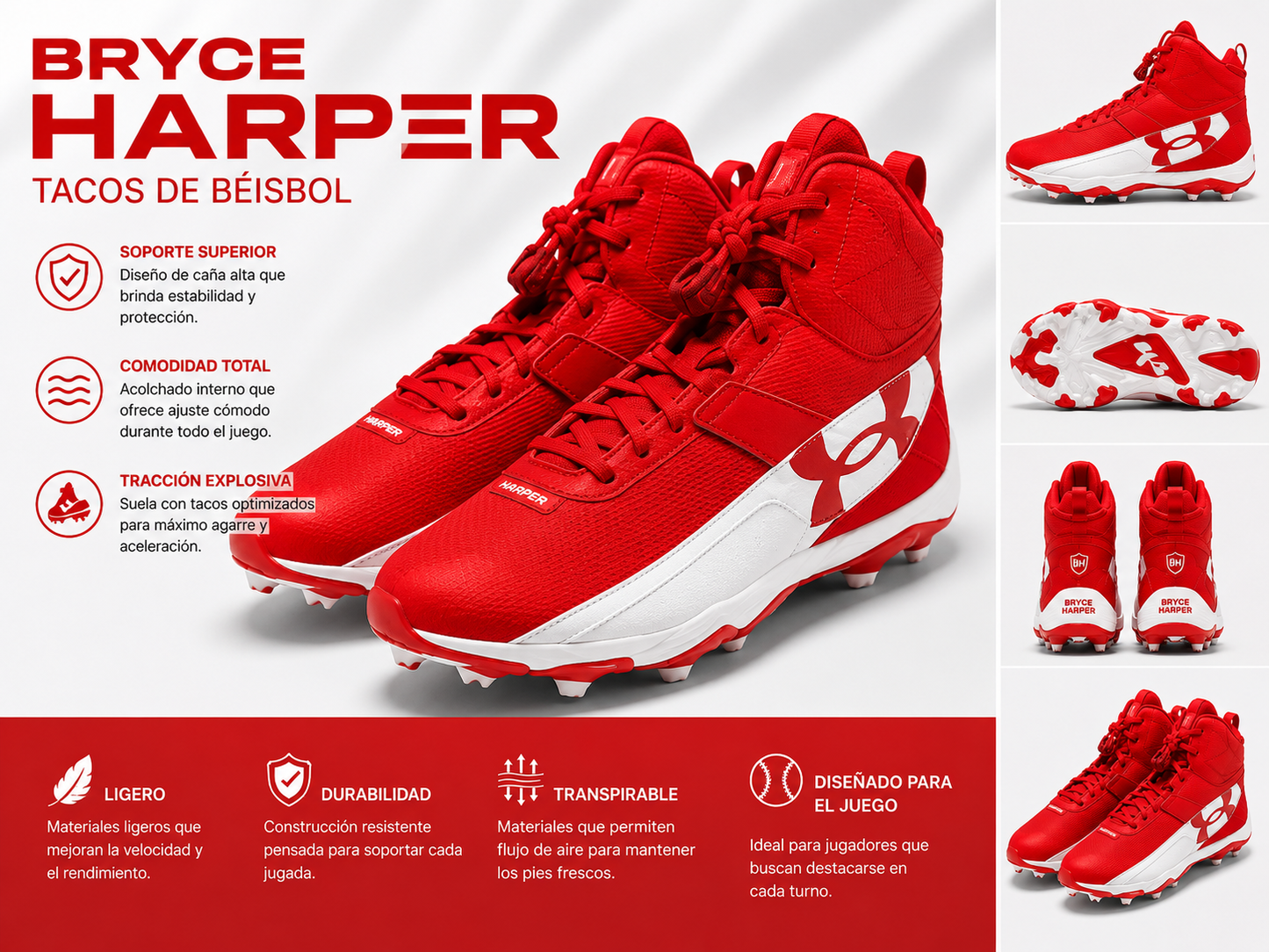 Tacos de Béisbol Under Armour para Hombre Blanco y rojo Bryce Harper | Cleats de Alto Rendimiento y Máxima Tracción