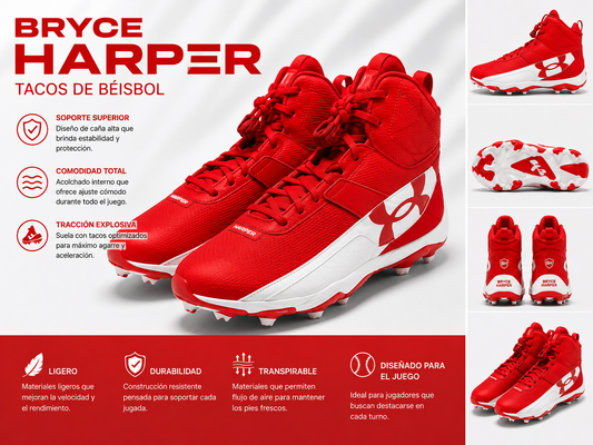 Tacos de Béisbol Under Armour para Hombre Blanco y rojo Bryce Harper | Cleats de Alto Rendimiento y Máxima Tracción