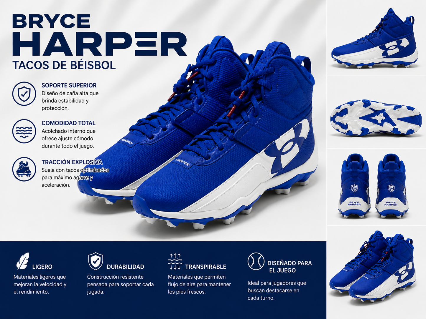 Tacos de Béisbol Under Armour para Hombre Blanco y Azul  Bryce Harper | Cleats de Alto Rendimiento y Máxima Tracción
