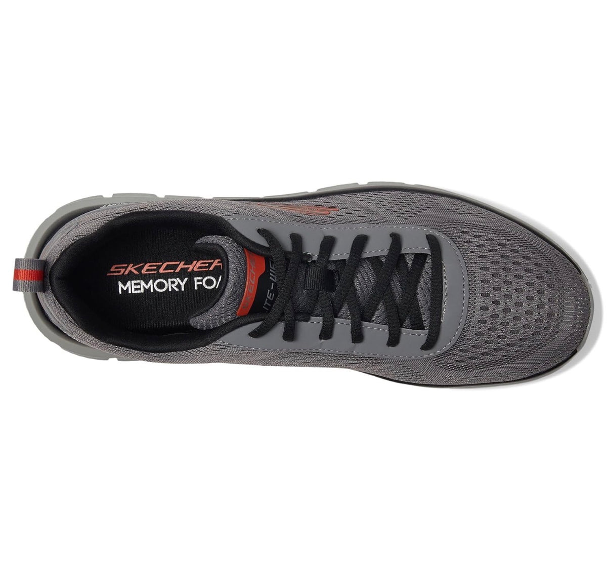 Skechers Track Leshur Hombre – Memory Foam | Gris Carbón/Naranja - Talla 9